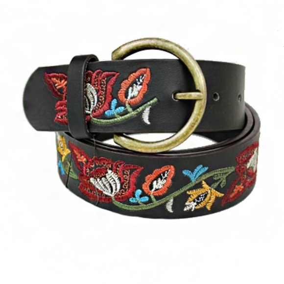 Leather Boho Belt With Colorful Floral Embroidery